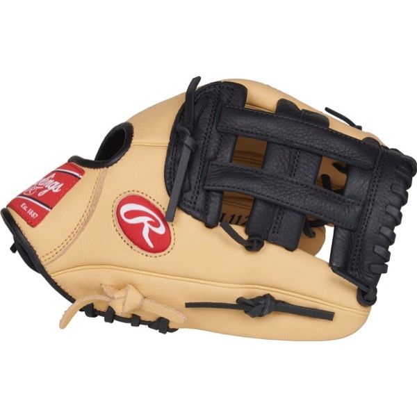 A tan and black Rawlings Select Pro Lite 11.25" Brandon Crawford Baseball Glove (SPL112BC) features a woven web, black laces, and a red Rawlings logo patch on the side.