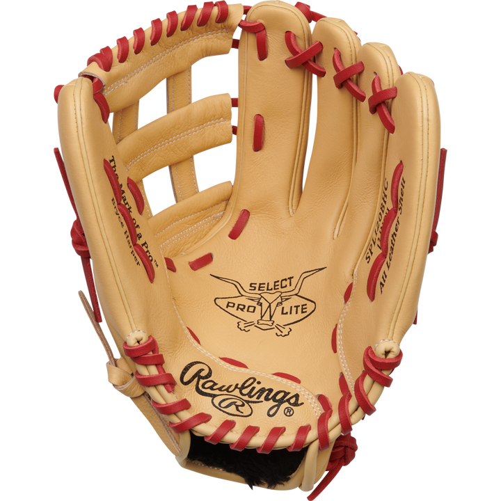 The Rawlings Select Pro Lite 12" Bryce Harper Baseball Glove (SPL120BHC) features tan leather, red lacing, signature detailing, and palm branding—designed for precision catches on the field.