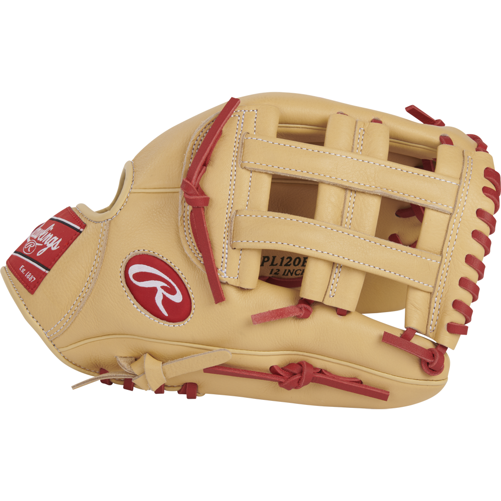 The Rawlings Select Pro Lite 12" Bryce Harper Baseball Glove (SPL120BHC) is tan with red stitching and laces, features an open web design and the Rawlings logo on the side, inspired by pro Bryce Harper.
