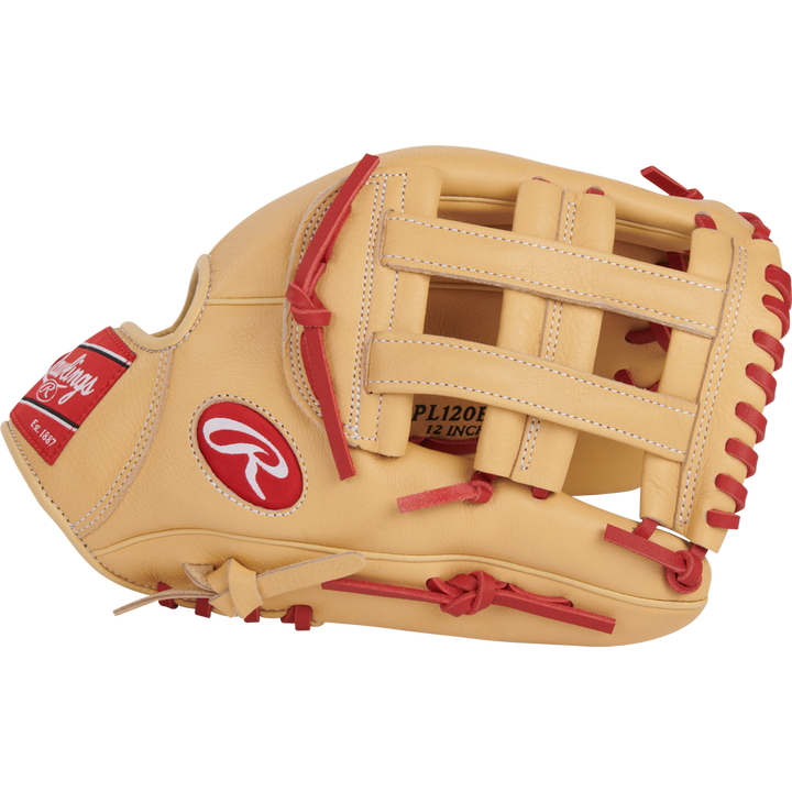 The Rawlings Select Pro Lite 12" Bryce Harper Baseball Glove (SPL120BHC) is tan with red stitching and laces, features an open web design and the Rawlings logo on the side, inspired by pro Bryce Harper.