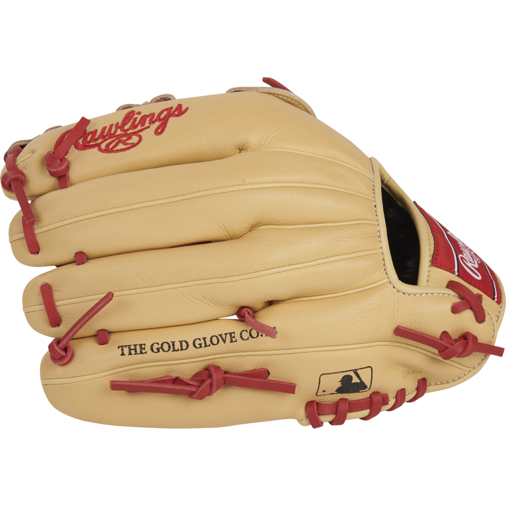 The Rawlings Select Pro Lite 12" Bryce Harper Baseball Glove (SPL120BHC) features tan leather with red laces, black "THE GOLD GLOVE CO." and MLB logos on the palm, and is modeled after Bryce Harper’s game-day pattern.