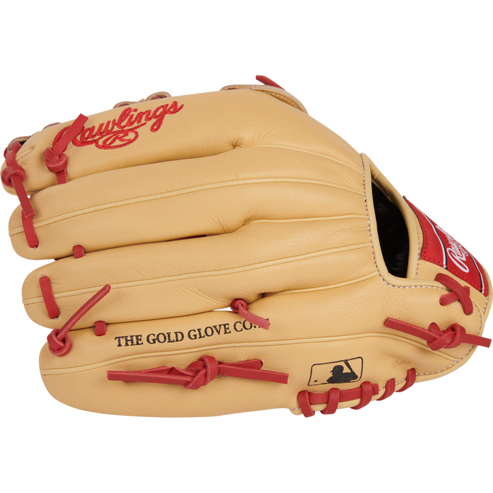 The Rawlings Select Pro Lite 12" Bryce Harper Baseball Glove (SPL120BHC) features tan leather with red laces, black "THE GOLD GLOVE CO." and MLB logos on the palm, and is modeled after Bryce Harper’s game-day pattern.