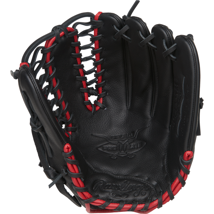 The Rawlings Select Pro Lite 12.25" Mike Trout Baseball Glove (SPL1225MT) features a black and red design with the Youth Pro Taper fit, ideal for young players who want high performance from their glove.