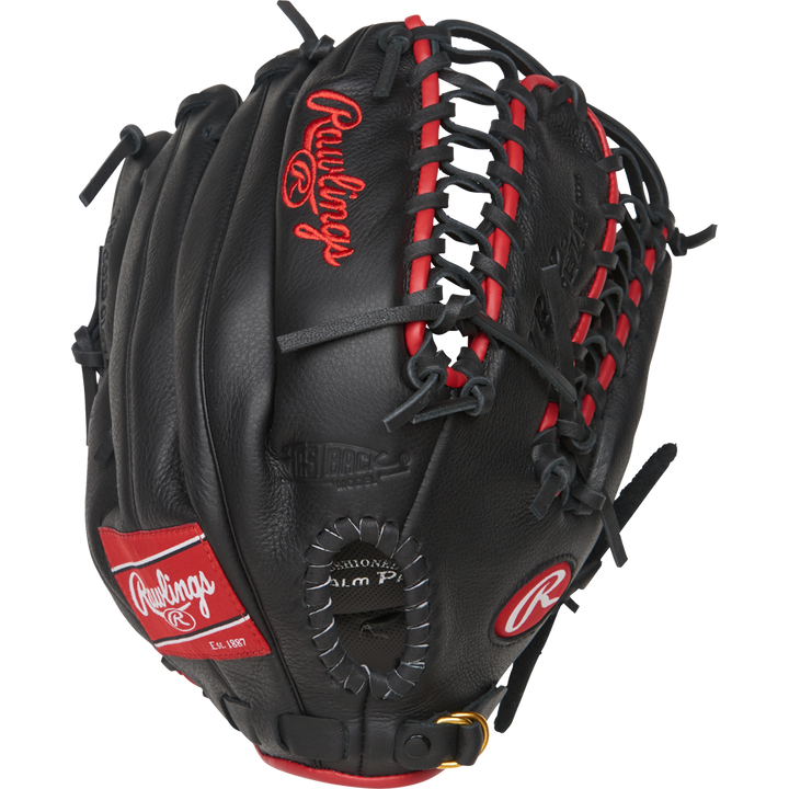 The Rawlings Select Pro Lite 12.25" Mike Trout Baseball Glove (SPL1225MT) features black leather, red accents, detailed lacing, and the Rawlings logo on the thumb and wrist strap—just like Mike Trout’s own glove.
