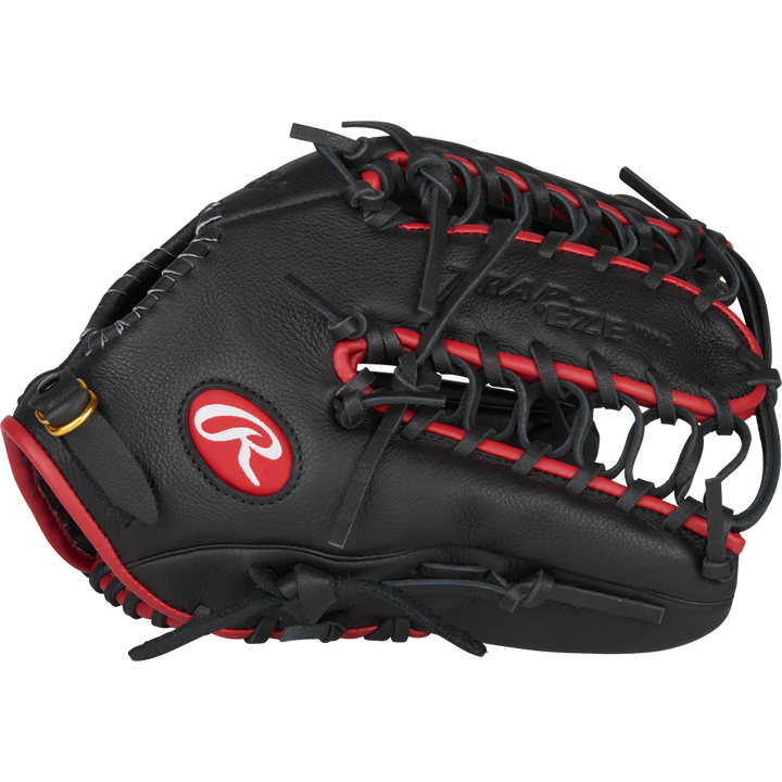 The Rawlings Select Pro Lite 12.25" Mike Trout Baseball Glove (SPL1225MT) features a black design with red stitching and laces, open web, and the iconic Rawlings logo in red and white, inspired by Mike Trout's glove style.