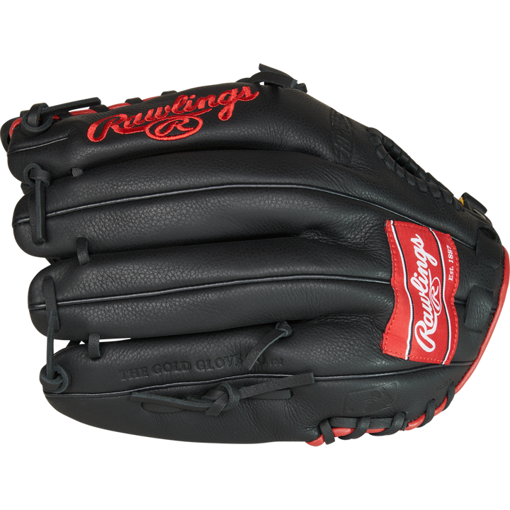 A black Rawlings Select Pro Lite 12.25" Mike Trout Baseball Glove (SPL1225MT) with red and white Rawlings logos and stitching, shown with fingers closed and pocket facing down.