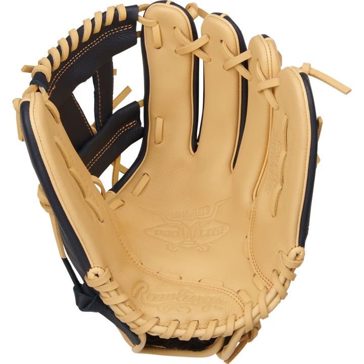 The Rawlings Select Pro Lite 11.5" Manny Machado Glove (SPL150MMC) features tan and black leather, visible stitching, embossed logos, open webbing, and laces—youth-sized with the Manny Machado design from Rawlings.