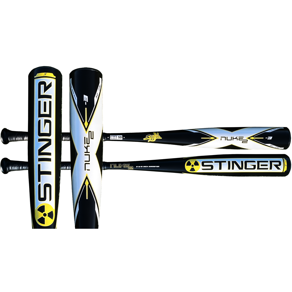 Four views of the 2022 Stinger NUKE 2 (-3) BBCOR Baseball Bat by Stinger Sports, in black, yellow, and white, featuring Power Loaded Barrel Technology, modern graphics with a radioactive symbol, and STINGER/NUKE 2 labels.