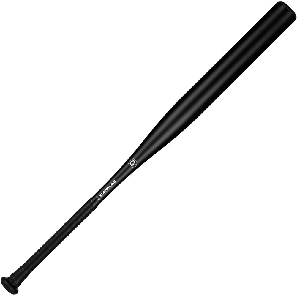 The 2020 StringKing Metal Pro USA Slowpitch Softball Bat: SKMTLPRSP is a black aluminum bat by StringKing, ideal for slowpitch softball games.