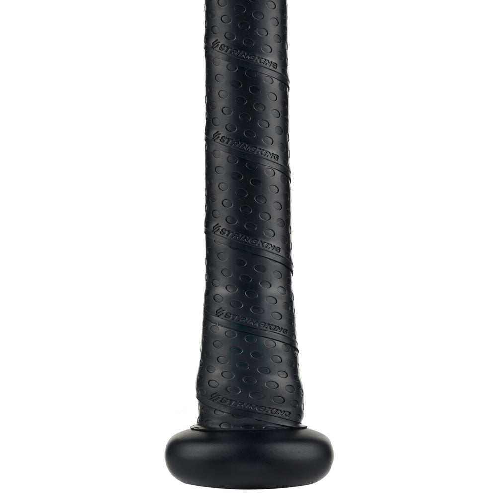 Close-up of the 2020 StringKing Metal Pro USA Slowpitch Softball Bat (SKMTLPRSP) handle, featuring a textured, dotted grip and rounded knob for better control and comfort—ideal for slowpitch softball players.