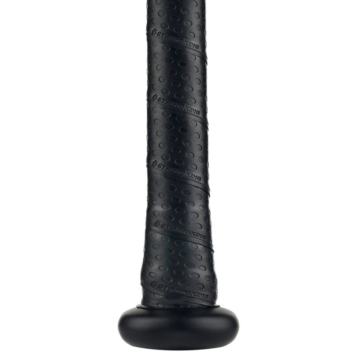 Close-up of the 2020 StringKing Metal Pro USA Slowpitch Softball Bat (SKMTLPRSP) handle, featuring a textured, dotted grip and rounded knob for better control and comfort—ideal for slowpitch softball players.