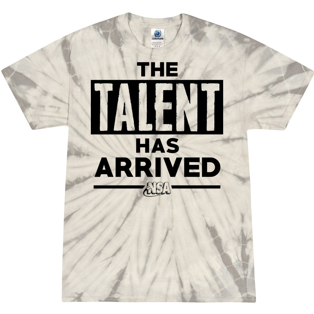 The DSG Apparel NSA Talent Has Arrived Tie Dye Short Sleeve Shirt features 100% cotton, a gray and white spiral pattern, bold black text "THE TALENT HAS ARRIVED," and a small NSA logo below the text.