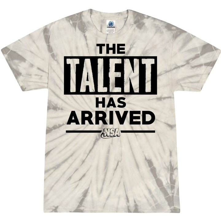 The DSG Apparel NSA Talent Has Arrived Tie Dye Short Sleeve Shirt features 100% cotton, a gray and white spiral pattern, bold black text "THE TALENT HAS ARRIVED," and a small NSA logo below the text.