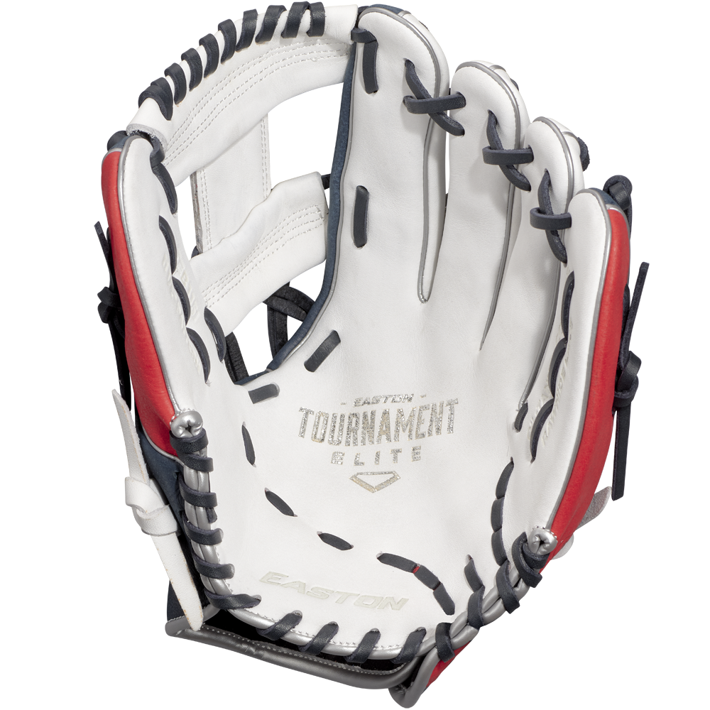 A close-up of the Easton Tournament Elite 11.5" Baseball Glove: TEB115I shows black laces, red accents, and "Easton Tournament Elite" printed on the palm. The glove is open, revealing its interior.
