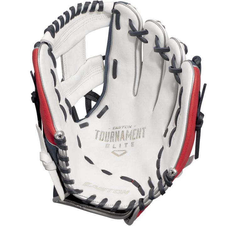 A close-up of the Easton Tournament Elite 11.5" Baseball Glove: TEB115I shows black laces, red accents, and "Easton Tournament Elite" printed on the palm. The glove is open, revealing its interior.