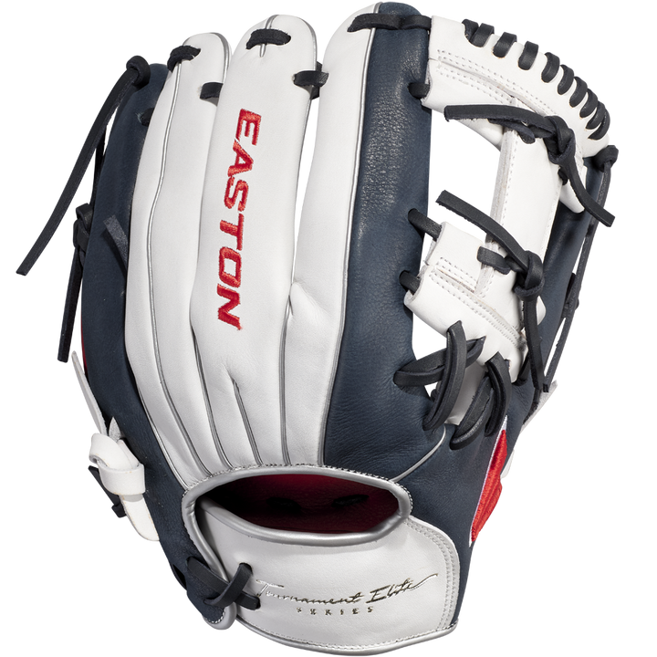 The Easton Tournament Elite 11.5" Baseball Glove (TEB115I) features navy blue and white leather, black laces, red EASTON branding on the back, and a classic infield design—ideal for any baseball player.