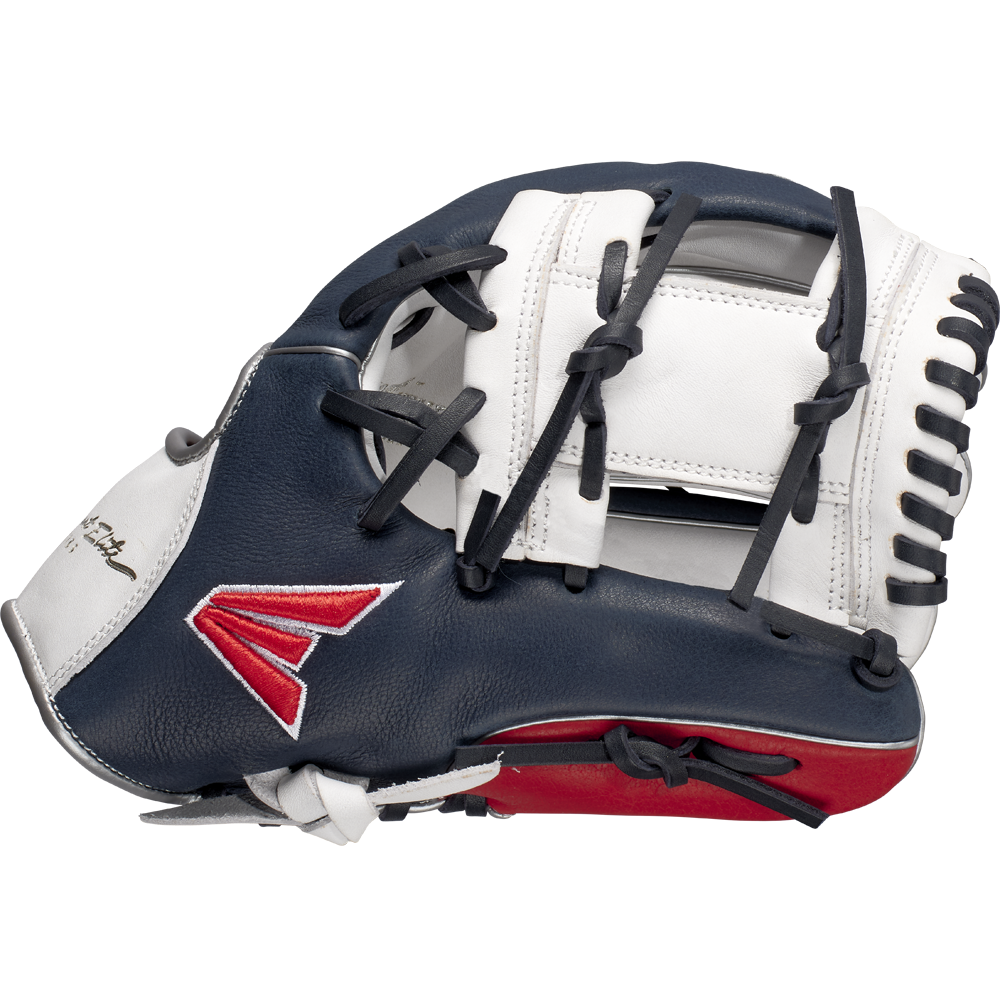 The Easton Tournament Elite 11.5" Baseball Glove: TEB115I features a navy blue, white, and red design with black laces and a red embroidered logo, shown against a plain light background. Brand: Easton.