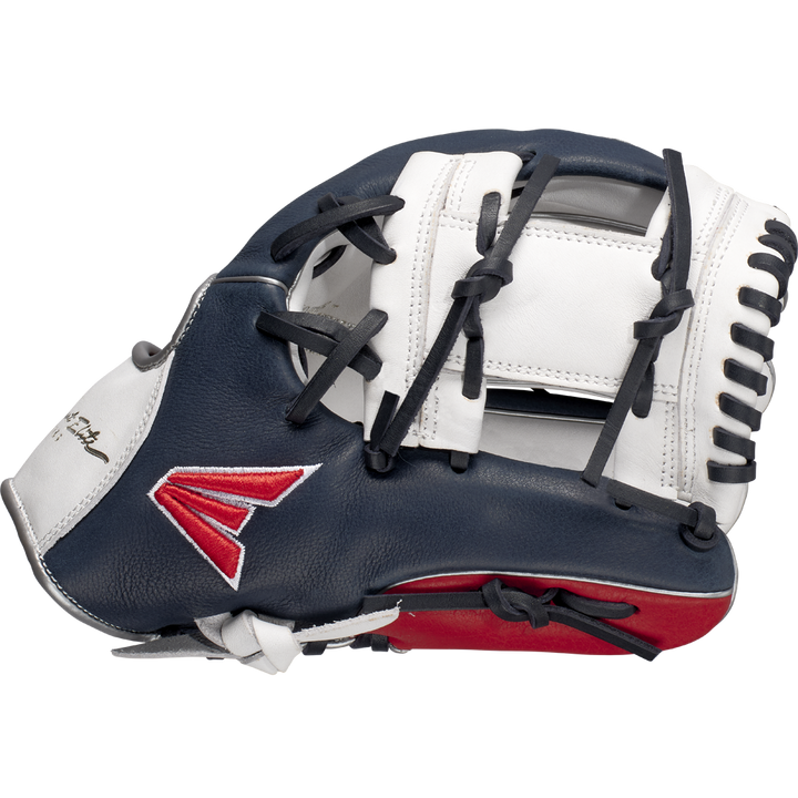 The Easton Tournament Elite 11.5" Baseball Glove: TEB115I features a navy blue, white, and red design with black laces and a red embroidered logo, shown against a plain light background. Brand: Easton.