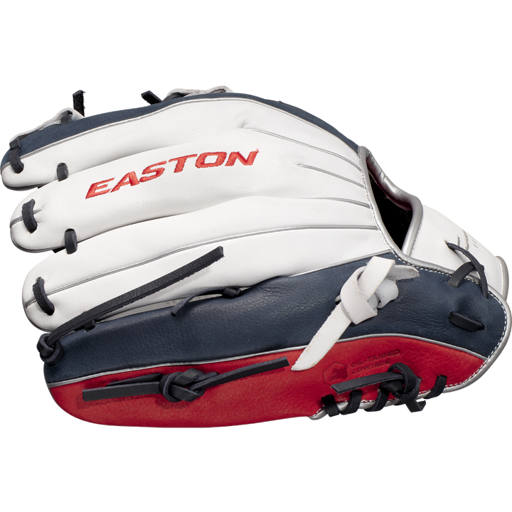 The Easton Tournament Elite 11.5" Baseball Glove: TEB115I, in white, navy blue, and red with black laces and a red Easton logo on the back, is shown palm down on a light gray background.