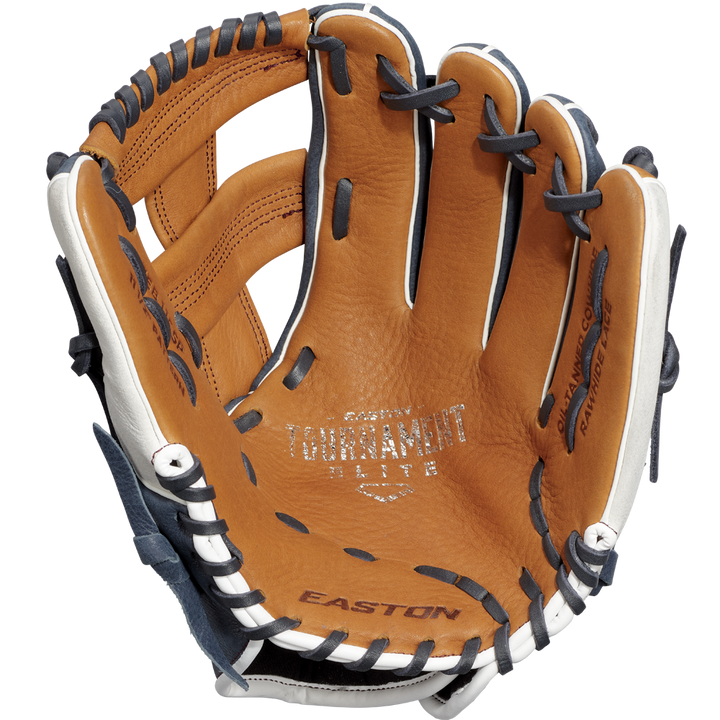 The Easton Tournament Elite 11.5" Baseball Glove (TEB115SP) features brown and tan leather with black and white laces, TOURNAMENT ELITE and EASTON labels on the palm, and a fully open pocket—ideal for young infielders.