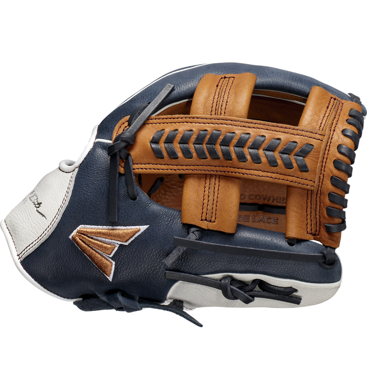A close-up of the Easton Tournament Elite 11.5" Baseball Glove (TEB115SP) highlights its dark blue, tan, and white leather with black lacing and a woven pocket, showcasing detailed stitching and texture against a plain background.