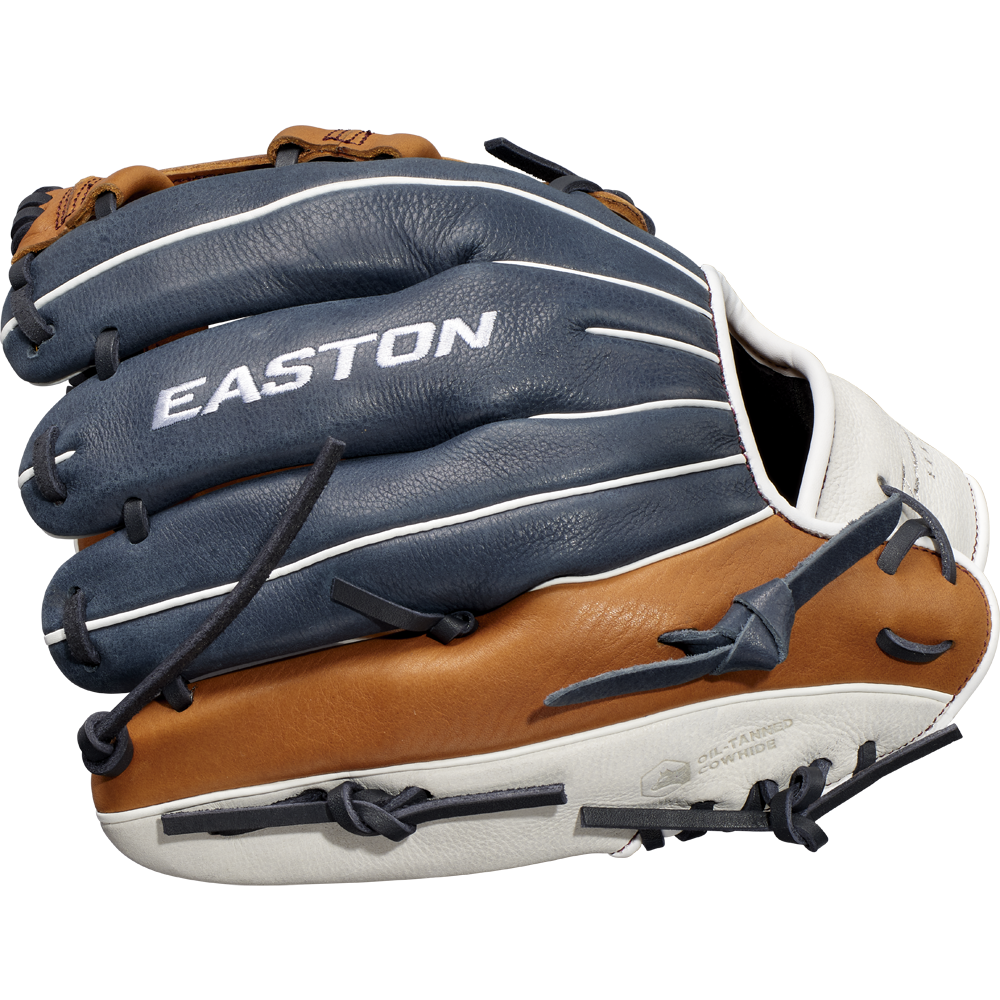 A blue, brown, and white Easton Tournament Elite 11.5" Baseball Glove (TEB115SP) with black lacing is shown from the side with folded fingers; the EASTON logo appears on the back.