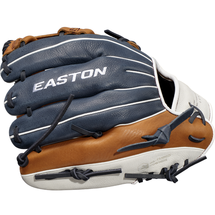 A blue, brown, and white Easton Tournament Elite 11.5" Baseball Glove (TEB115SP) with black lacing is shown from the side with folded fingers; the EASTON logo appears on the back.