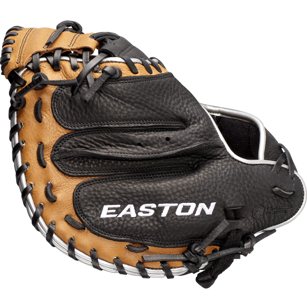 The Easton Tournament Elite 32.5" Baseball Catcher's Mitt (TEB2325) features tan and black leather with white stitching and laces, plus the Easton logo on the palm—perfect for serious youth catchers.