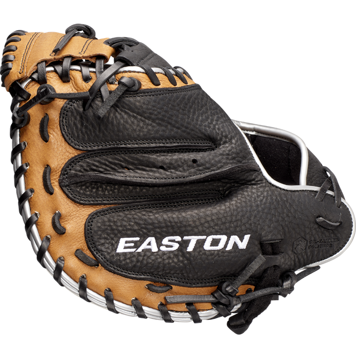 The Easton Tournament Elite 32.5" Baseball Catcher's Mitt (TEB2325) features tan and black leather with white stitching and laces, plus the Easton logo on the palm—perfect for serious youth catchers.