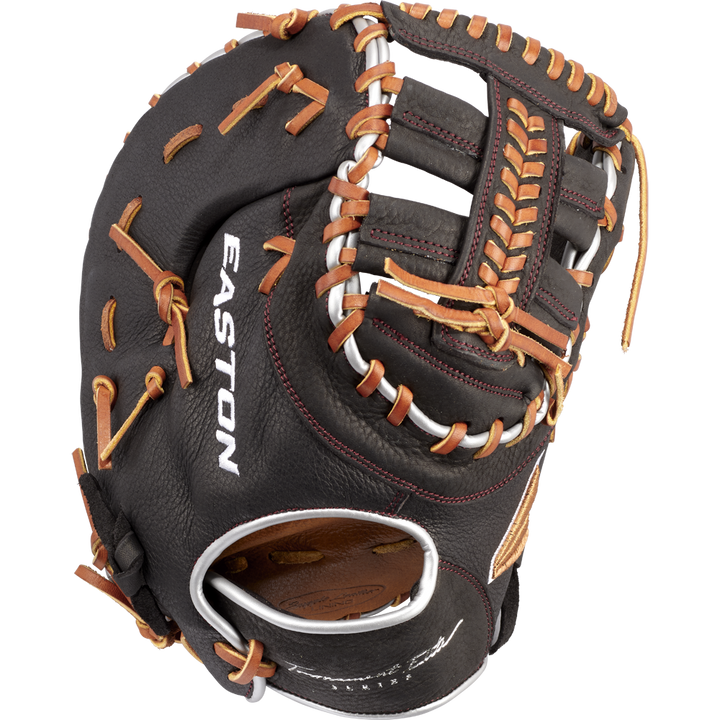 The Easton Tournament Elite 12.5" Baseball First Base Mitt (TEB3125) features black and brown leather with tan laces, white stitching, and the Easton Tournament Elite branding printed in white on the side.