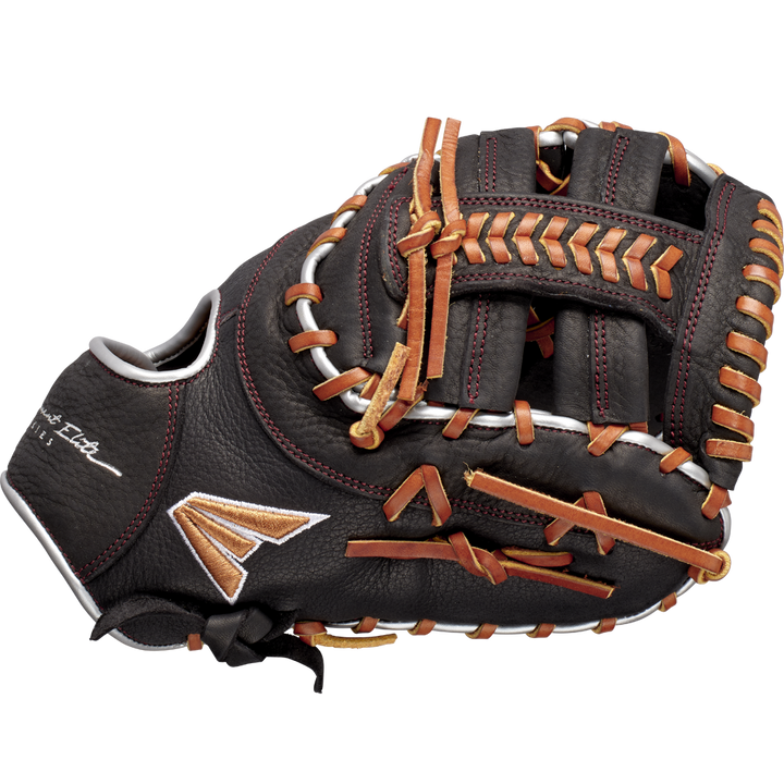 The Easton Tournament Elite 12.5" Baseball First Base Mitt (TEB3125) features black leather, brown and tan laces, white stitching, and a gold embroidered logo, shown against a plain white background.