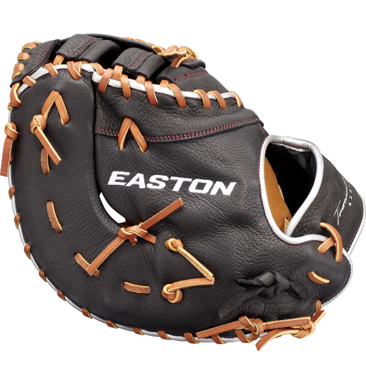 A black and brown Easton Tournament Elite 12.5" first base mitt (TEB3125) with tan lacing and "Easton Tournament Elite" printed in white on the palm.