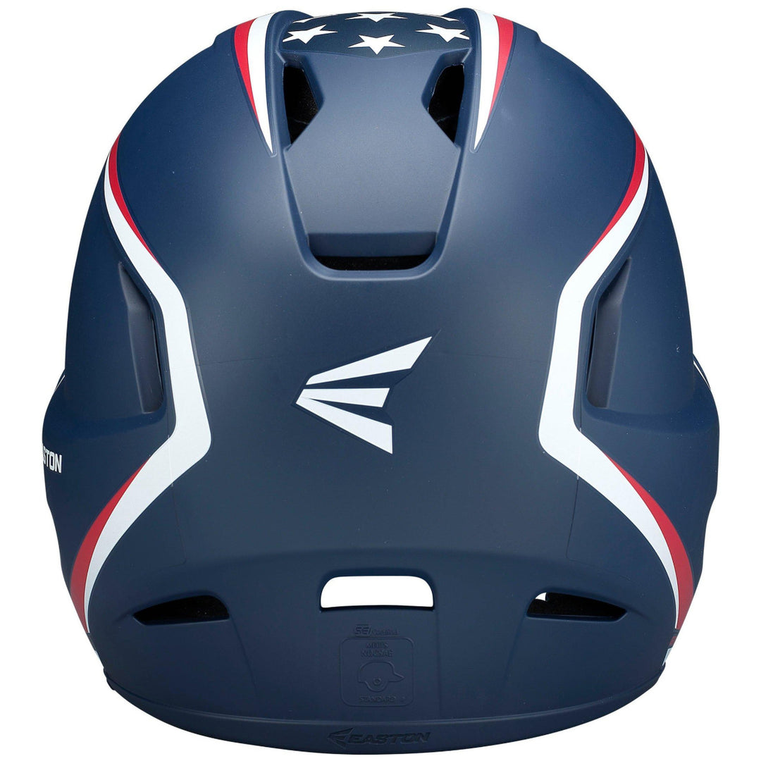 The Easton Z5 2.0 Matte Stars & Stripes Batting Helmet with Universal Jaw Guard (Z52MTUJG) features a navy matte finish, white/red stripes, white stars, a stylized E logo, multiple vents, and is NOCSAE certified for safety and style.