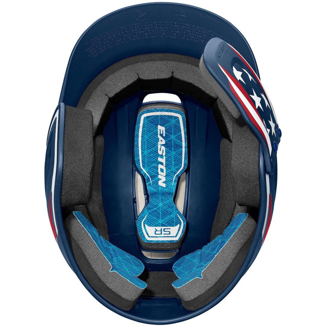 Top view of the Easton Z5 2.0 Matte Stars & Stripes Batting Helmet with Universal Jaw Guard, showing interior padding, blue chin strap with “SR”, and stars & stripes detail; NOCSAE certified.