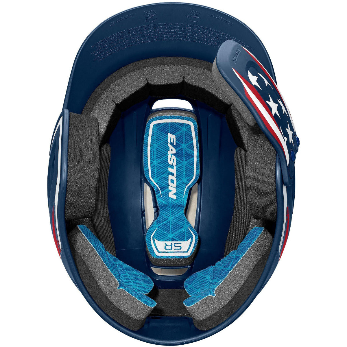 Top view of the Easton Z5 2.0 Matte Stars & Stripes Batting Helmet with Universal Jaw Guard, showing interior padding, blue chin strap with “SR”, and stars & stripes detail; NOCSAE certified.
