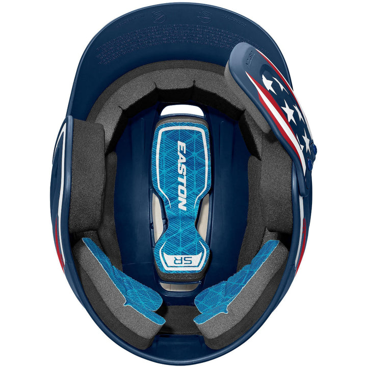 Top view of the Easton Z5 2.0 Matte Stars & Stripes Batting Helmet with Universal Jaw Guard, showing interior padding, blue chin strap with “SR”, and stars & stripes detail; NOCSAE certified.