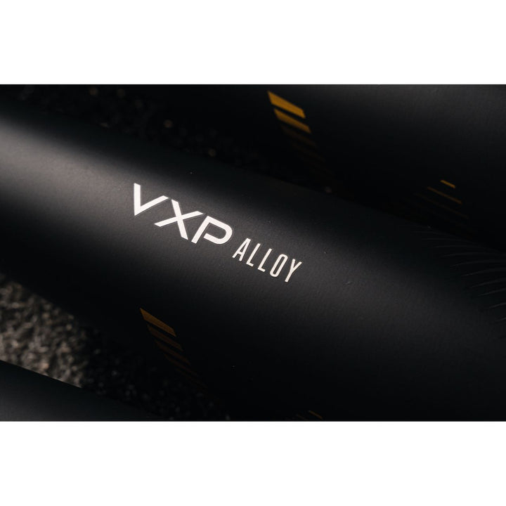 Close-up of the matte black Victus 2022 Vandal 2 (-8) USSSA Senior League baseball bat, featuring "VXP ALLOY" in white on its hybrid aluminum barrel with subtle yellow lines in the background.