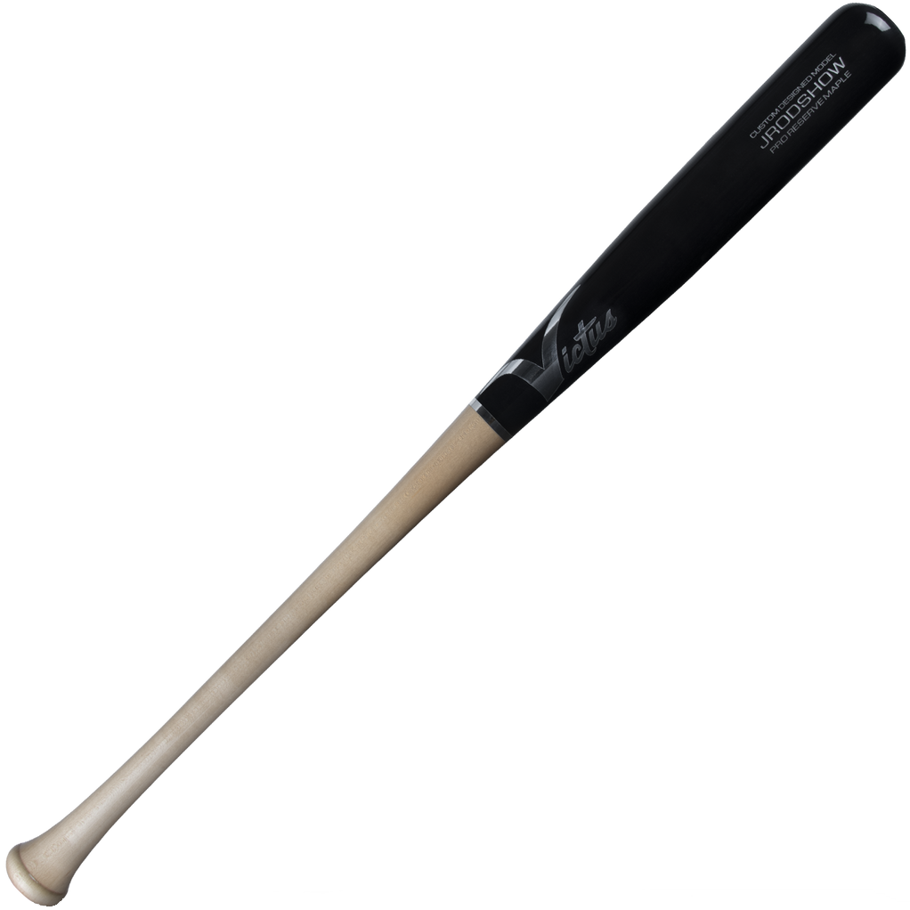 The Victus Julio Rodriguez JRODSHOW Pro Reserve Maple Wood Bat (VRWMJROD) features a pro design with a light natural handle and glossy black barrel, modeled after Julio Rodriguez. Displayed on a white background.