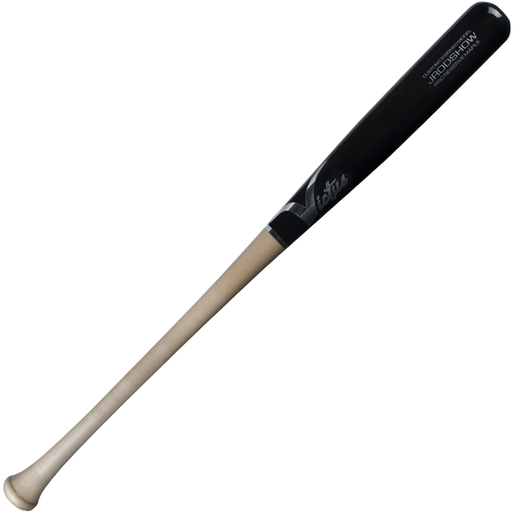 The Victus Julio Rodriguez JRODSHOW Pro Reserve Maple Wood Bat (VRWMJROD) features a pro design with a light natural handle and glossy black barrel, modeled after Julio Rodriguez. Displayed on a white background.