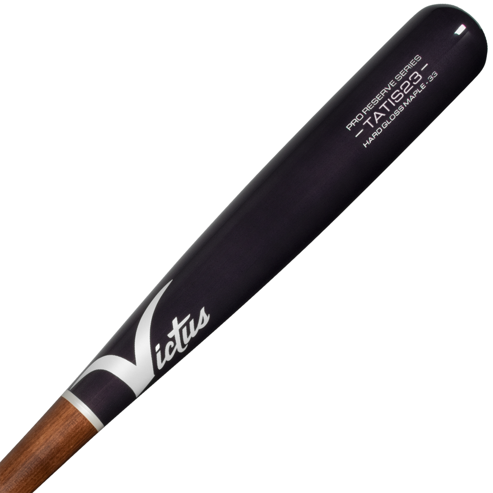 A close-up of the Victus TATIS23 Fernando Tatis Pro Reserve Maple Wood Bat (VRWMFT23) by Victus, showcasing its black and brown finish, white model details on the barrel, and premium end-loaded design.