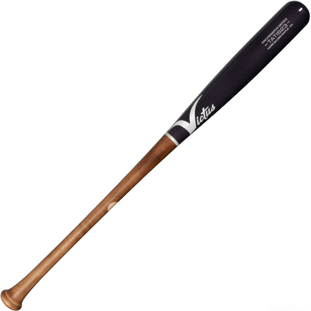 The Victus TATIS23 Fernando Tatis Pro Reserve Maple Wood Bat (VRWMFT23) by Victus features a natural brown handle, black barrel with white logo, and TATIS23 model details, inspired by Fernando Tatis’s bat.