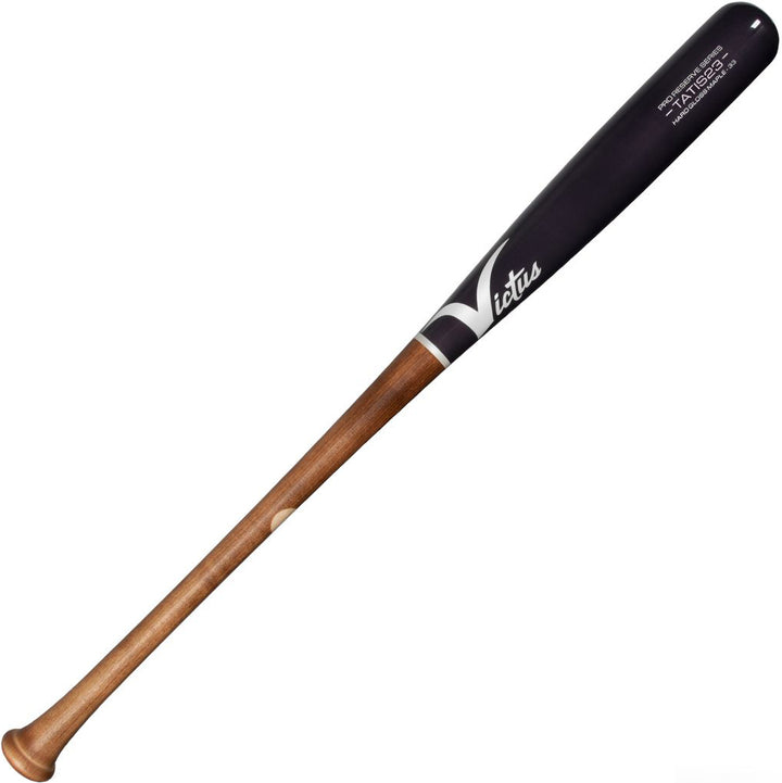 The Victus TATIS23 Fernando Tatis Pro Reserve Maple Wood Bat (VRWMFT23) by Victus features a natural brown handle, black barrel with white logo, and TATIS23 model details, inspired by Fernando Tatis’s bat.