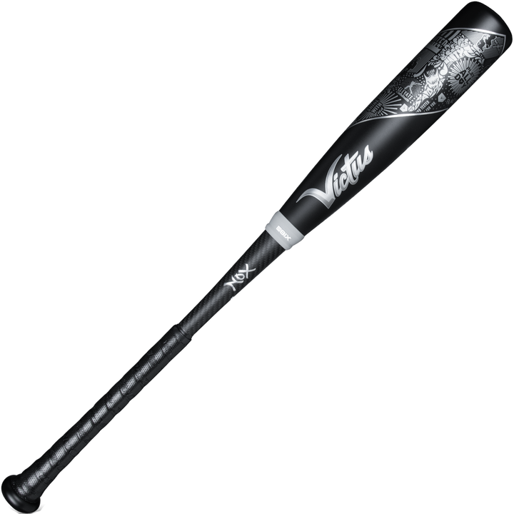 A used 2023 Victus NOX 2 (-8) 2 3/4" USSSA Baseball Bat by Victus features a black design with silver detailing near the barrel, a white logo, a military-grade aluminum barrel, and a textured grip handle.