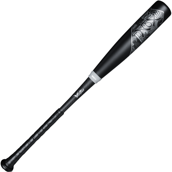 The 2023 Victus NOX 2 (-8) 2 3/4" USSSA Baseball Bat by Victus is a black two-piece hybrid bat with a textured grip, silver accents near the barrel, and a military-grade aluminum barrel, displayed on a white background.