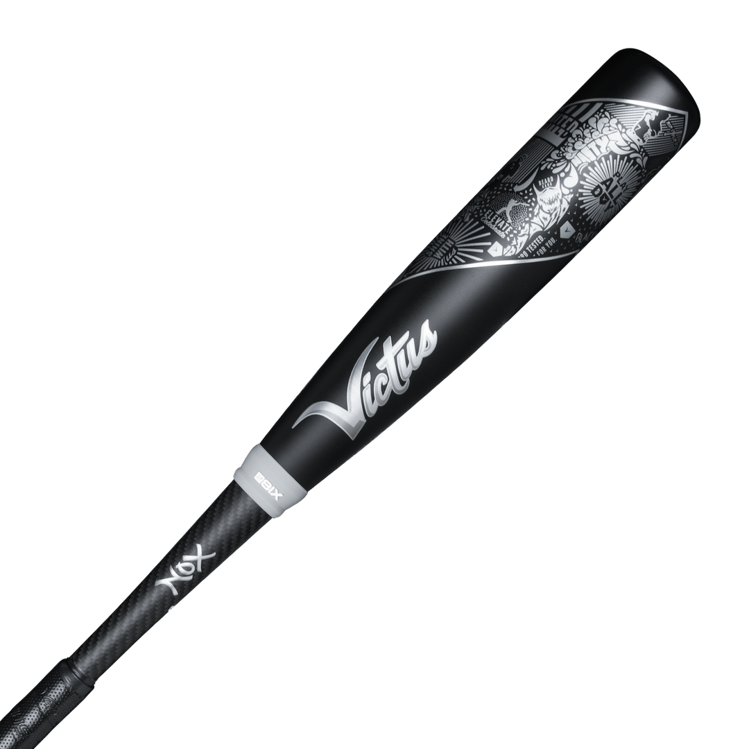 The 2023 Victus NOX 2 (-8) USSSA Baseball Bat (VSBN2X8) features a black two-piece hybrid design with a military-grade aluminum barrel, silver Victus logo and designs, and a black handle with white accents.