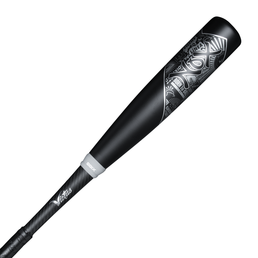 A used 2023 Victus NOX 2 (-8) USSSA Senior League bat features a black finish, textured grip, and silver geometric designs on its military-grade aluminum barrel, displayed on a white background.