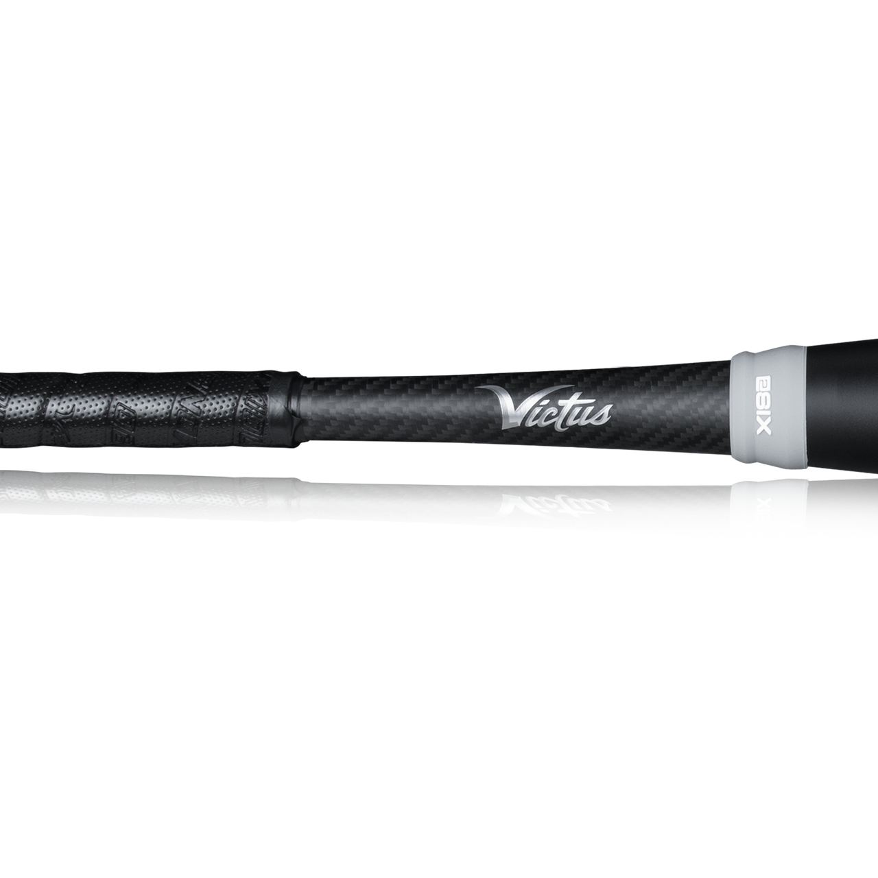 Close-up of a black 2023 Victus NOX 2 (-8) USSSA Baseball Bat handle with textured grip and “Victus” in white script, highlighting this two-piece hybrid bat (model VSBN2X8) against a plain white background.