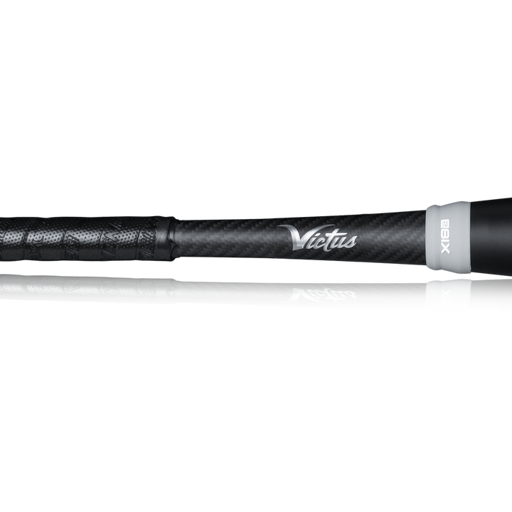 Close-up of a black 2023 Victus NOX 2 (-8) USSSA Baseball Bat handle with textured grip and âVictusâ in white script, highlighting this two-piece hybrid bat (model VSBN2X8) against a plain white background.
