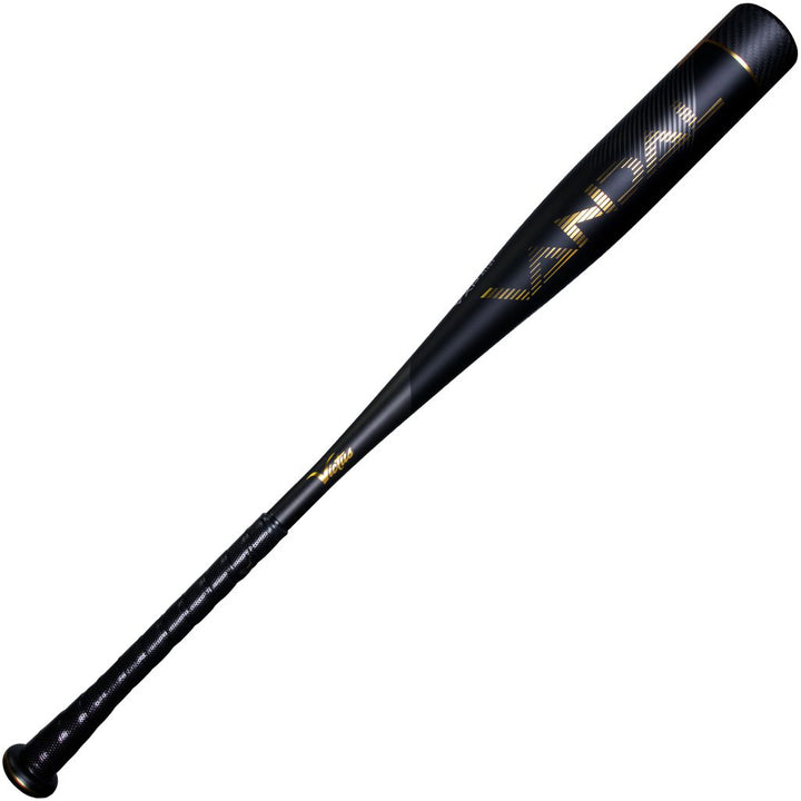 The Victus 2022 Vandal 2 (-8) USSSA Baseball Bat (VSBV2X8) features a black hybrid aluminum design with gold accents—ideal for Senior League play.
