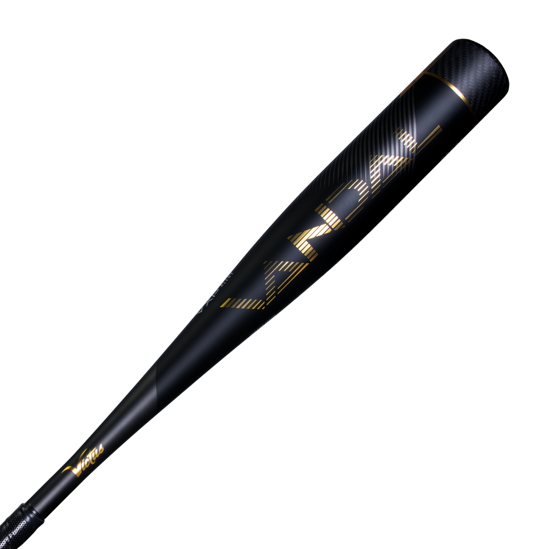 The 2022 Victus Vandal 2 (-8) USSSA baseball bat by Victus features a black matte and gloss finish with gold accents and bold VANDAL lettering. This hybrid aluminum bat offers elite performance for serious players.